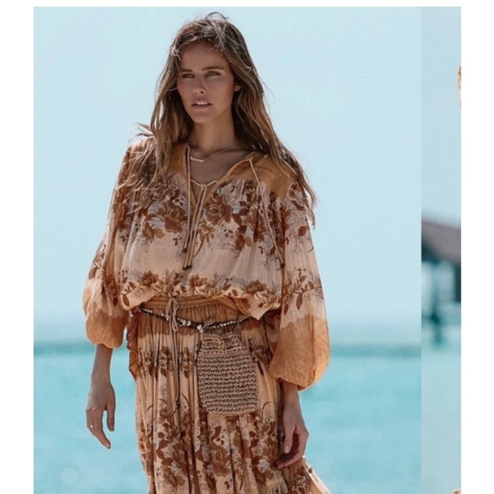 BNWT Spell & the Gypsy Coco Lei Embroidered Back Blouse Caramel small